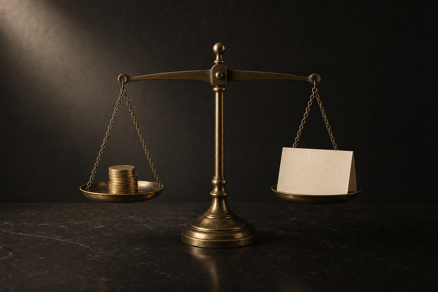 A brass scale balancing coins and a card
