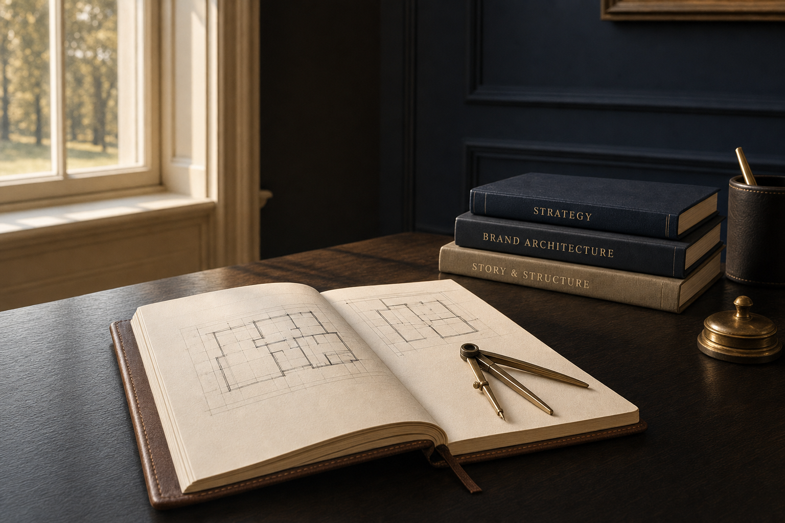 An open journal with architectural sketches and a brass compass