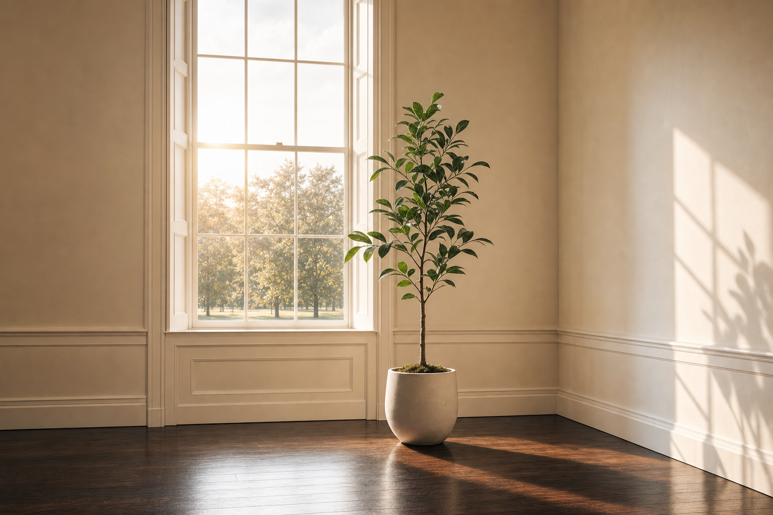 A tall green plant in a white pot by a Georgian window